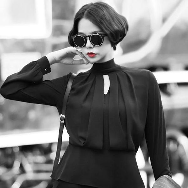 

plus size chiffon shirt stand collar blouse womentop, White