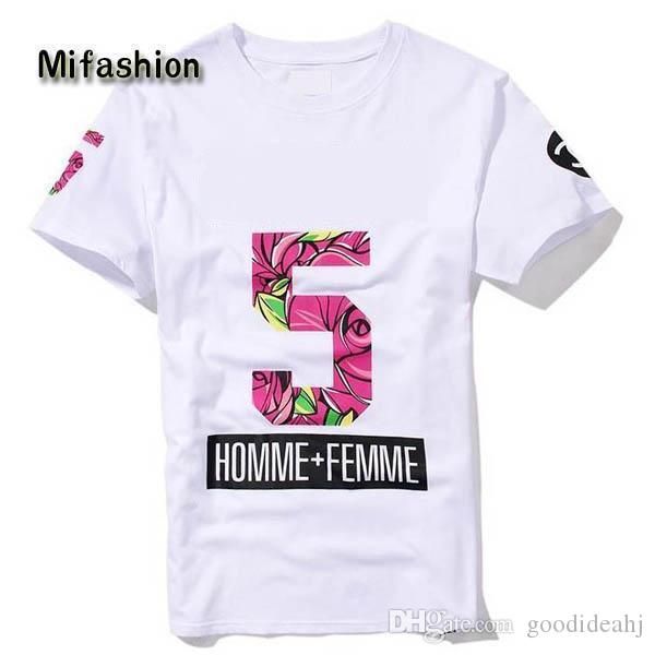 

europe new 2017 summer homme femme no 5 fashion side zipper tee t-shirts men women flower floral print short sleeve tshirt, White