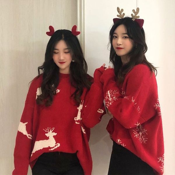 

christmas women red sweaters oversize knitted loose kawaii warm pullover long sleeve harajuku pull femme autumn winter jumpers, White;black