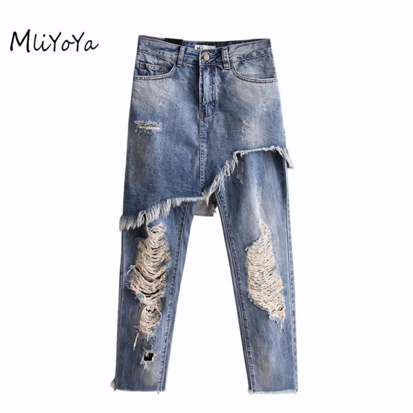 

mliyoya new casual loose women jeans vintage ripped hole fake 2 pieces denim pants high waist straight trousers, Blue