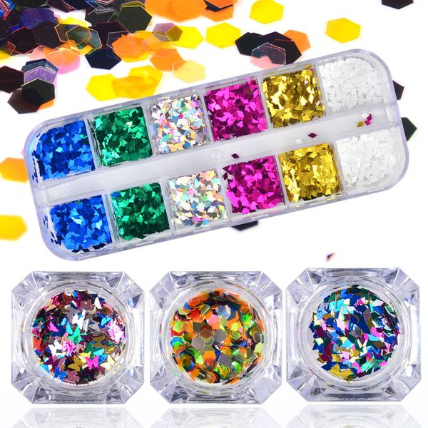 

12 grids/sets diamond/butterfly/hexagon chunky polishing mermaid sequins paillette nail flakes glitter set, Silver;gold