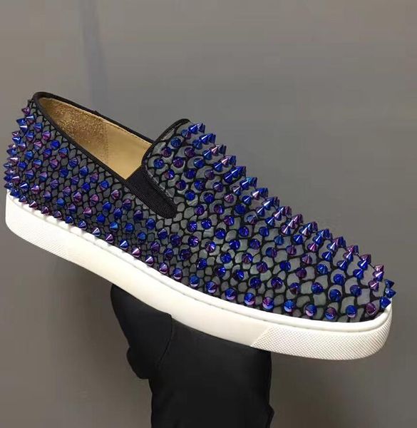 

new wholesale designer men red bottom sneakers,fashion genuine leather with gloden spikes flat loafers skateboarding sports shoes size:35-47, Black