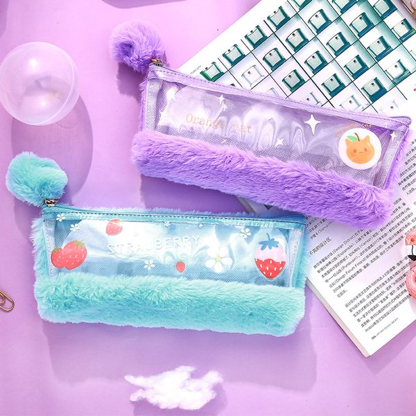 

clear plush pencil case for girls boys cute large big pen bag kawaii stationery pouch box kids gift office school supplies zakka