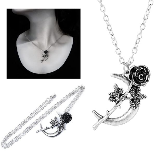 

crescent rose flower pendants necklaces vintage gothic accessories charms women's necklace jewelry trinket collares collier, Silver