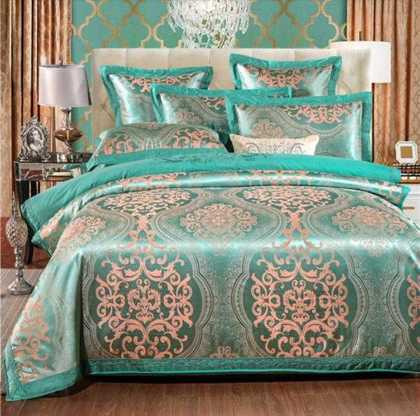 

green oriental embroidery jacquard bedding set king  size 4pc silk cotton satin bed set duvet cover bed sheet linen