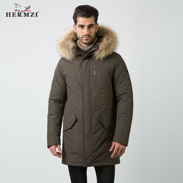 

hermzi 2019 mens winter jackets and coats cotton padded coat mens fur parka raccoon fur men parka homme thick winter long jacket, Black