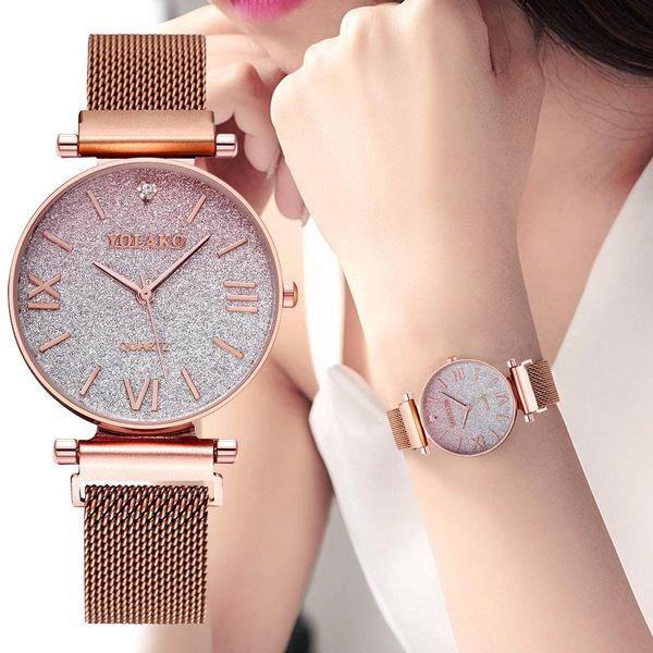 

luxury women bracelet watch 2019 rose gold watch ladies fashion starry sky magnetic wristwatches quartz clock female, Slivery;brown