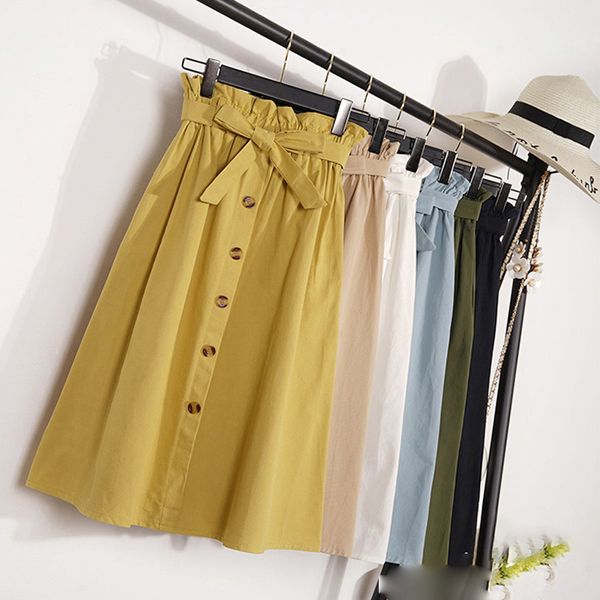 

women skirts pleated skirt summer autumn skirts womens knee length korean elegant button high waist skirt female pleated school skirt, Black