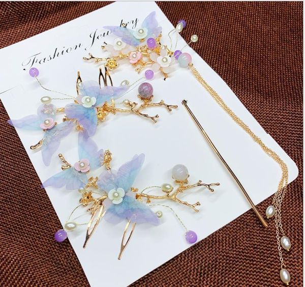 

hanfu accessories handmade antiques ancient costumes hair stepping hairpins butterfly classical tassel headdress full set, Silver