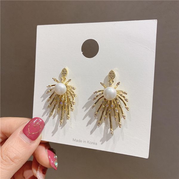 

korean fashion jewellery zircon firework pearl earrings for woman simple crystal earrings female shiny elegant earring, Silver