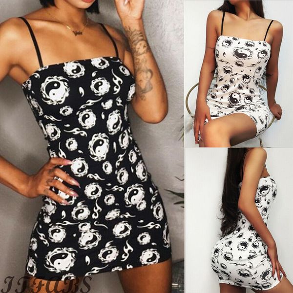 

women summer sleeveless bodycon dress sundress ladies evening party strap sling print mini dresses, Black;gray