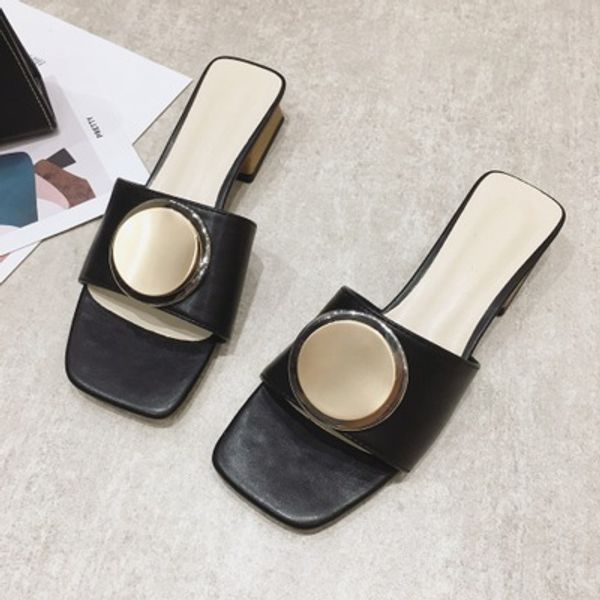 

quality designer women's slippers, square toe shoes, women's thick heel slippers, summer open-toed ladies sandals,size 34-41, Black