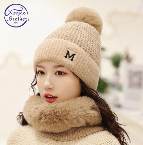 

2019 new winter warm 2 pieces skullies scarf set women letter  velvet lined skullies beanies female knitted hats scarf sets, Blue;gray
