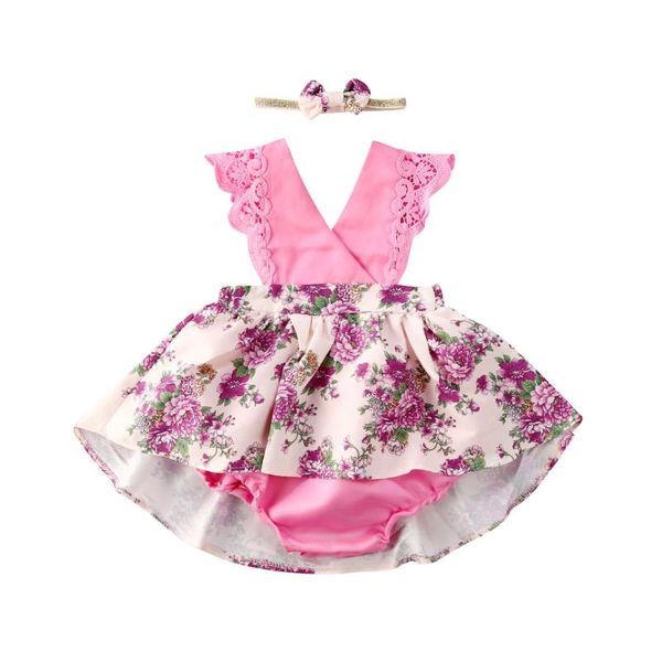 

baby girls romper dress, sleeveless v-neck lace patchwork multi-layer flower pattern button closure jumpsuit with bow hair band, Red;yellow