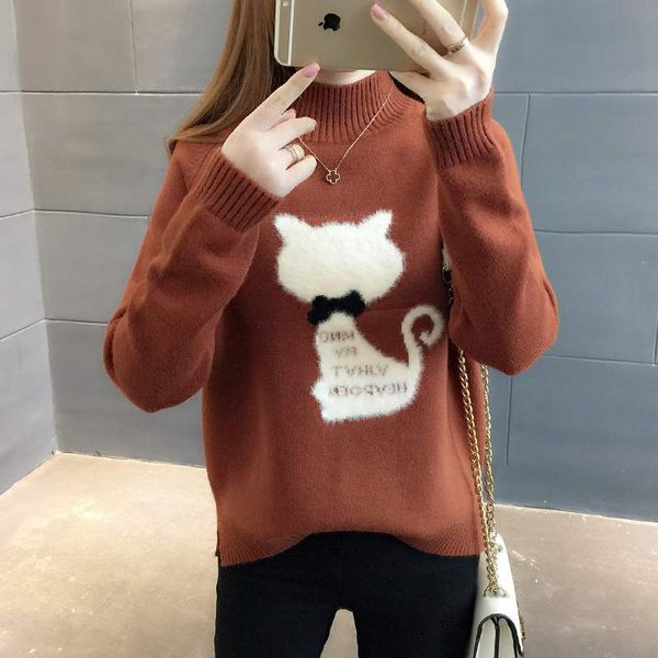 

2019 autumn winter women fashion casual cat pattern sweater o-neck full sleeve plus velvet thick pullovers lady knitted sweater, White;black