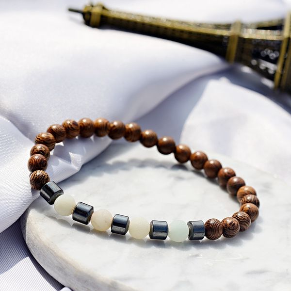 

oiquei new 6mm buddhist prayer wooden buddha bracelet men geometric hematite amazon stone elastic bracelet pulseira bijoux homme, Black