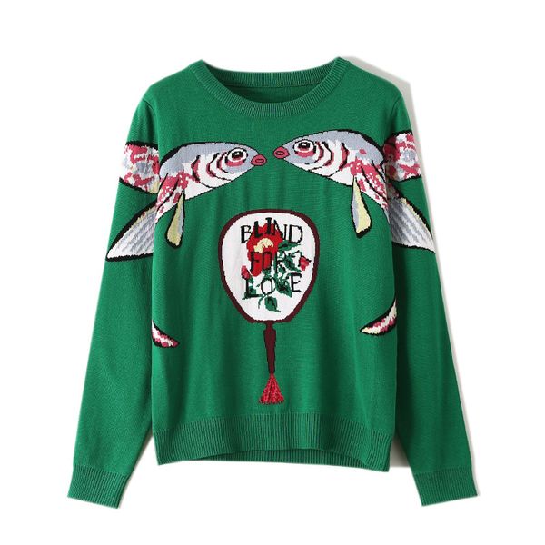 

boutique sweater 2019 autumn new fashion trend green jacquard loose round neck pullover women's sweater ladies shirt size s-l, White;black