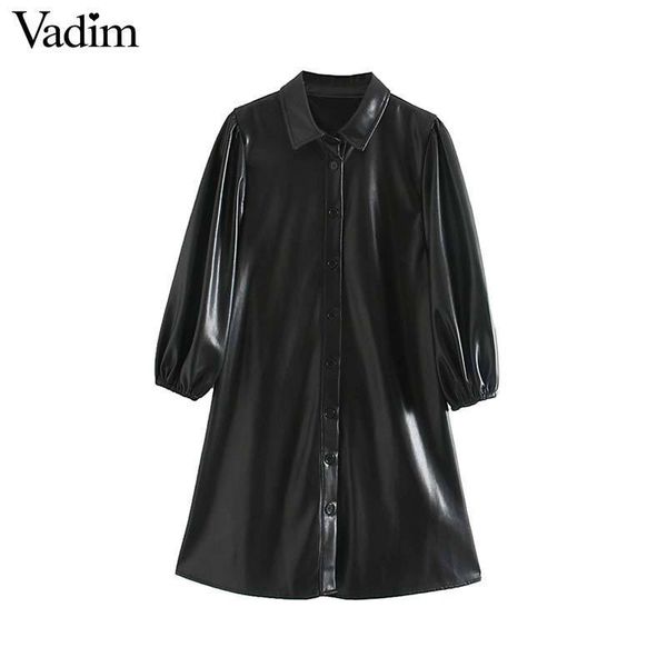 

vadim women elegant solid pu leather mini dress three quarter sleeve turn down collar straight female chic casual dresses qc941, Black;gray