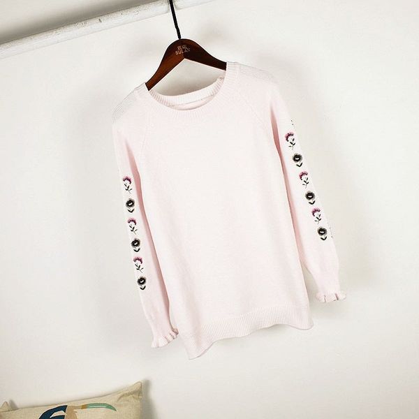 

woman sweater fashion embroidery flower knitted loose burst short pullover sweater, White;black