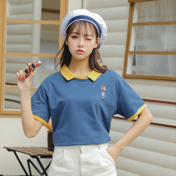

2020 academic style loose slim versatile embroidery lapel short-sleeved women's 2020 academic style loose slim versatile embroidery lap, White