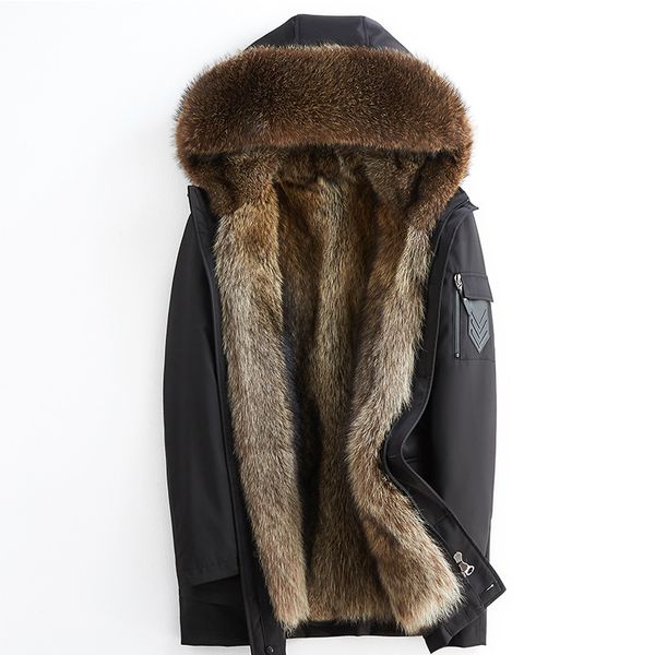 

real raccoon fur jacket winter coats men clothes 2019 fur hoodies parkas thickening warm snow windbreaker plus size l-4xl army green, Black