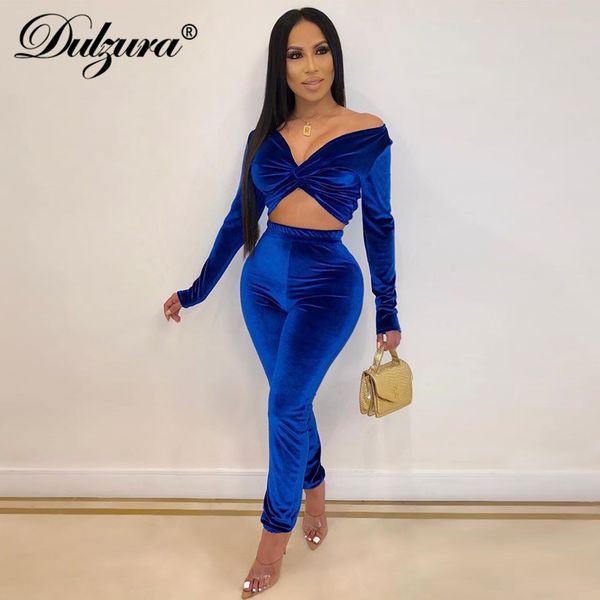 

dulzura velvet outfit women 2 piece set crop pants long sleeve bodycon 2019 autumn winter clothes tracksuit streetwear, White