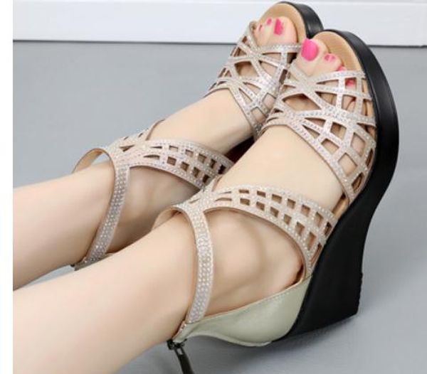 

2019 women's sandals in summer with new style slope heel thick bottom waterproof table @87, Black