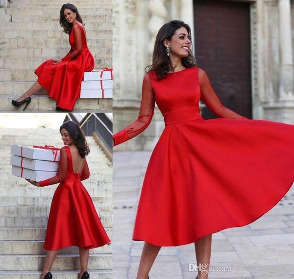 Lange Ärmel, rotes Heimkehrkleid, A-Linie, Juwel-Ausschnitt, kurzes Junior-Sweet-15-Abschluss-Cocktail-Partykleid, Übergröße, nach Maß