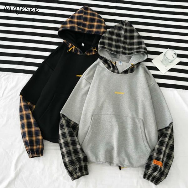 

men hoodies pullover students ins chic couples oversize fake two piece autumn winter plus velvet thickening loose harajuku retro, Black