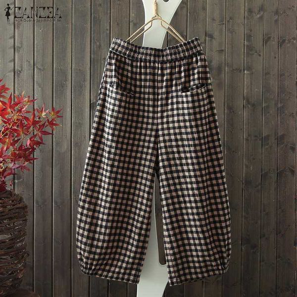 

женщины хлопок льняные брюки zanzea 2019 лето плед проверить эластичный пояс повседневные брюки свободные карманы wide leg long pantalon fem, Black;white