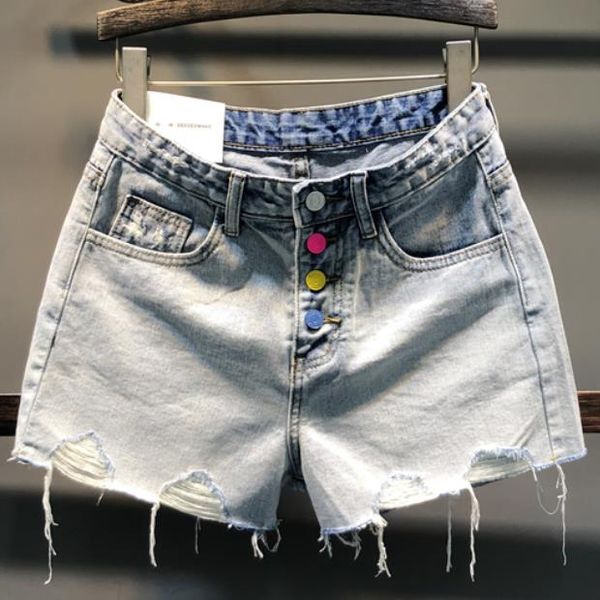 

denim shorts women summer 2019 new high waist fashion hole loose color single-breasted wide leg jeans shorts, White;black