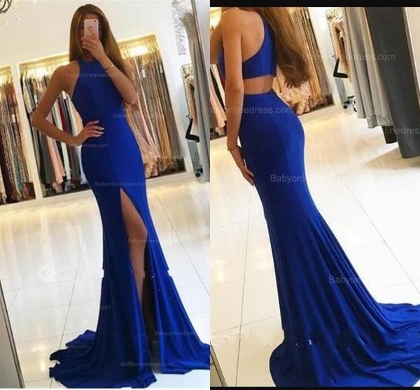

royal blue mermaid prom dresses jewel neck backless high side split floor length formal dress party evening gowns vestidos de fiesta, Black