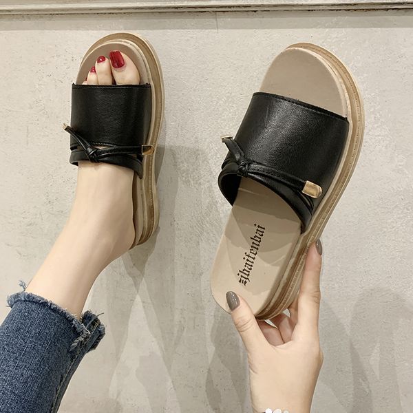 

solid color platform slippers women casual slides sandals, Black