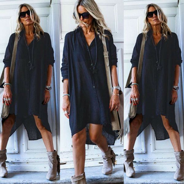 

fashion loose shirt dress long sleeve womens ladies casual dresses long dress beachwear, Black;gray
