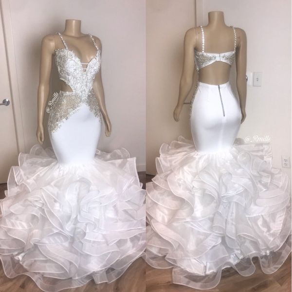 2022 Sexy weißes Organza-Cascading-Rüschen-Abschlussballkleid mit applizierter Spitze, Spaghetti-Trägern, Abendkleider, Plus-Size-Rüschen-Brautkleid