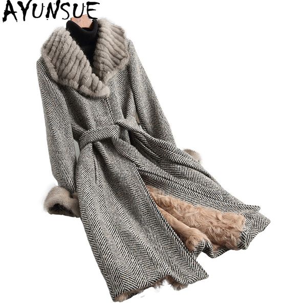 

ayunsue tweed wool jacket real fur coat female natural lamb fur liner 2019 long women winter jackets mink collar 18621 wyq2008, Black