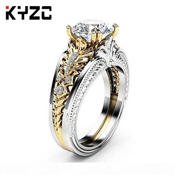 

wholesale-fashion jewelry in europe and america: gold double-color zircon ring, flower and retro ring, Golden;silver