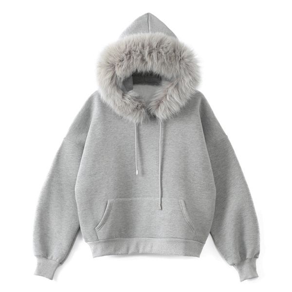 

new fashion winter casual women hoodies fur collar sweatshirts long sleeve light gray pullovers loose hooded female hx0729, Black
