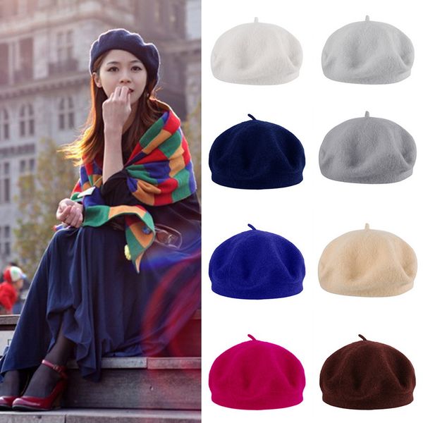 

fashion solid wool winter women new arrive spring autumn woman fashion wool beret hat princess hat girls candy-colored beret, Blue;gray