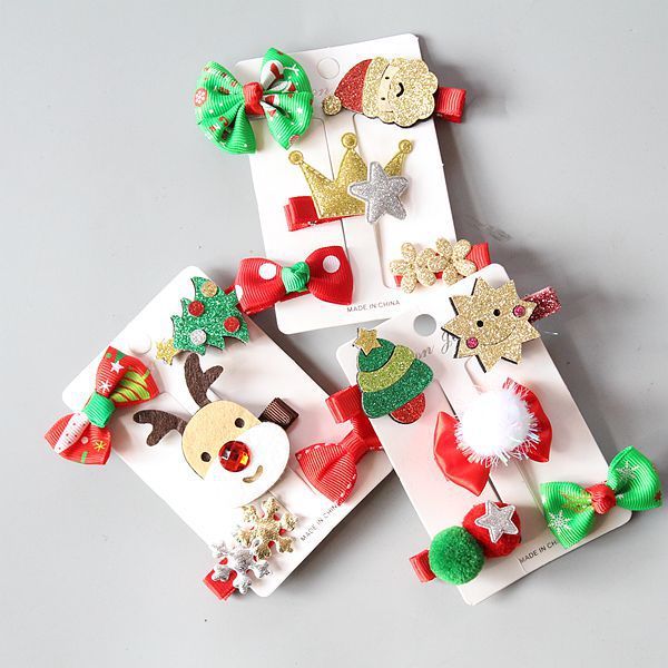 

kids designer hair accessories christmas gift childrens hair accessories baby five-piece christmas suit girls christmas holiday hairpin, Slivery;white