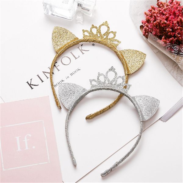 

10pcs/lot glitter cat ear hair hoop festival princess gold silver crown headband girls cartoon hairbands party hair accessories, Slivery;white
