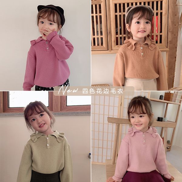 

2019 children autumn winter pullover girl lapel long sleeve top, Blue