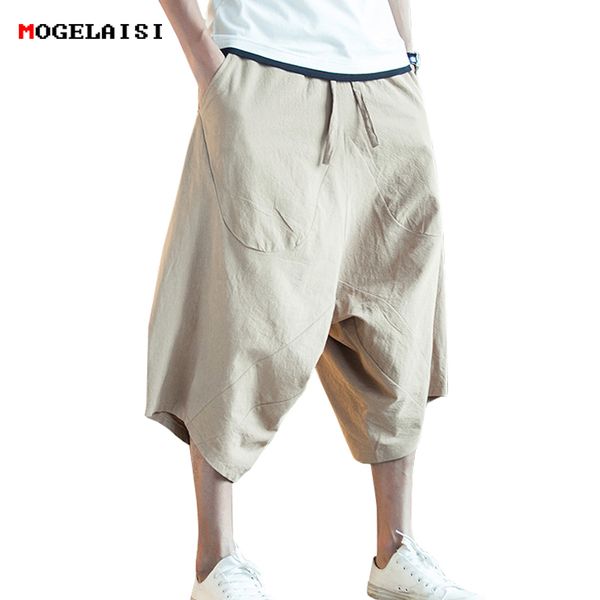 

men linen cotton trousers ankle length pants mid-waist loose flax men pants big pocket solid linen baggy size m-4xl, Black
