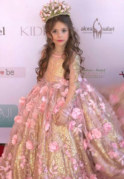 

gold sequined ball gown girls pageant dresses long sleeves toddler flower girl dress floor length 3d appliques first communion gowns, White;red