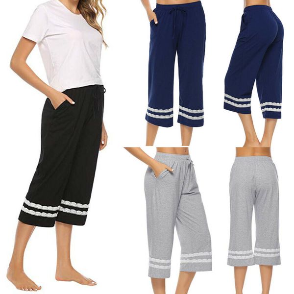 

summer sleep bottoms cotton pajama pants women's loose elastic waist pajama pants plus size s-xl lounge casual outwear trousers, Black;red