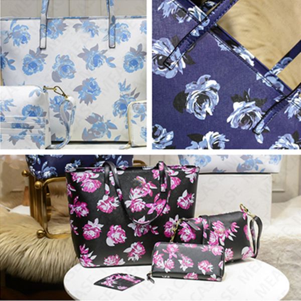 

4bags/set floral handbag + designer crossbody fanny pack shoulder bag+ pu leather long wallet purse + credit card holder slot totes d7601