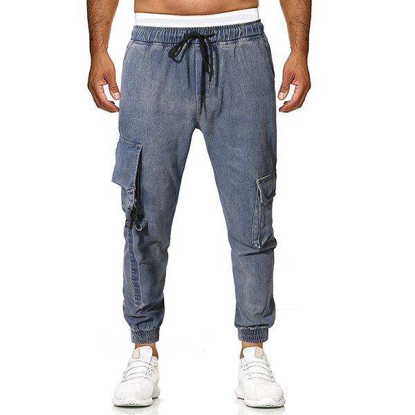 

2019 весна и лето новый стиль повседневный большой карман лямки ковбойские брюки-карго мужские свободные лодыжки полосатые брюки, White;black