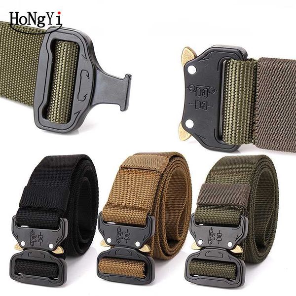 

hongyi quick release men's tactics belt design steel buckle belt man quality canvas elastic belts waistband casual men, Black;brown