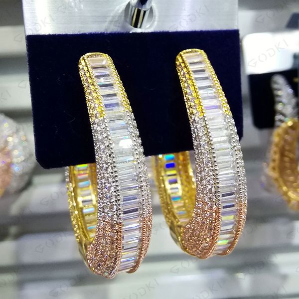 

godki luxury "c" circle full micro cubic zirconia party wedding saudi arabic dubai 3 tone interval earrings for women jewelry, Silver