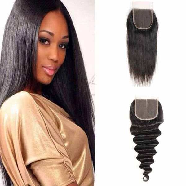 

brazilian human hair closure 4*4 straight loose wave peruvian hair loose wave straight bleached knots middle part swiss lace closure, Black;brown